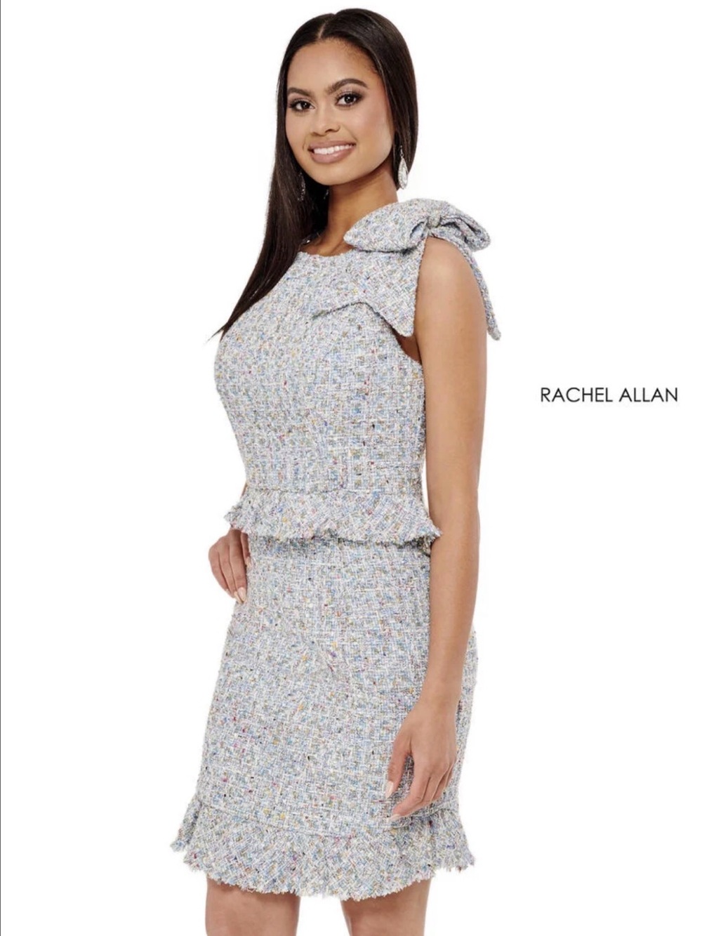 Rachel Allan Pastel Multi Tweed Dress with Shoulder Bow